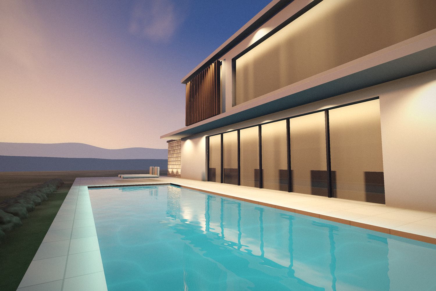 Havuz kenarından modern villa cephesi, ahşap panjur ve gizli aydınlatma